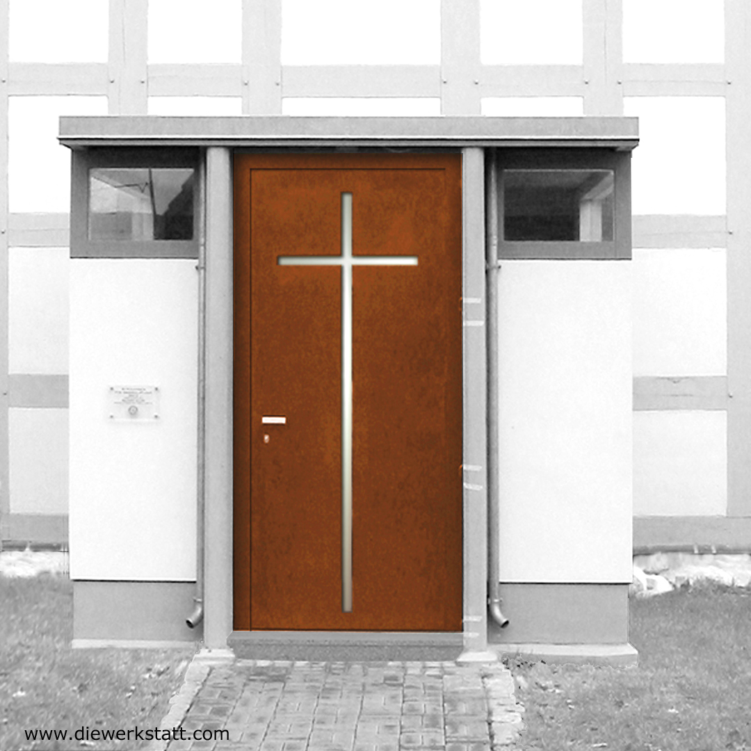 minimalistische Kirchentür Cortenstahl Rostoptik schöne Haustüren mit Einbau in Luxembourg Köln Bonn Trier Mainz Wiesbaden Heidelberg