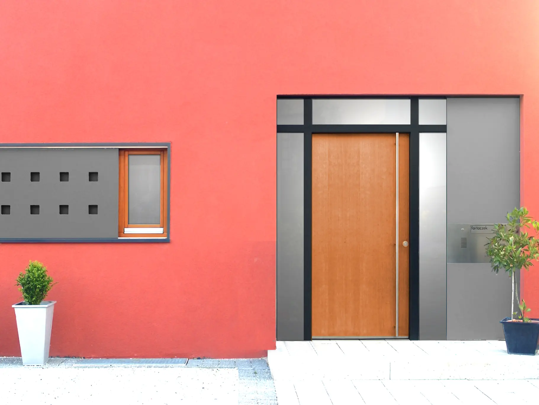 Haustür COMPOSITION..... Haustür COMPOSITION: Elegantes Eingangselement mit gradliniger Eichenhaustür, rhythmisch gegliederten Glasfeldern und Edelstahl-Funktionselement.